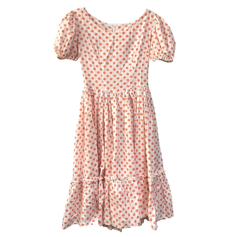 Vintage 80s Polka Dot Puff Sleeve Cottagecore Midi Dress S Peach Orange Handmade